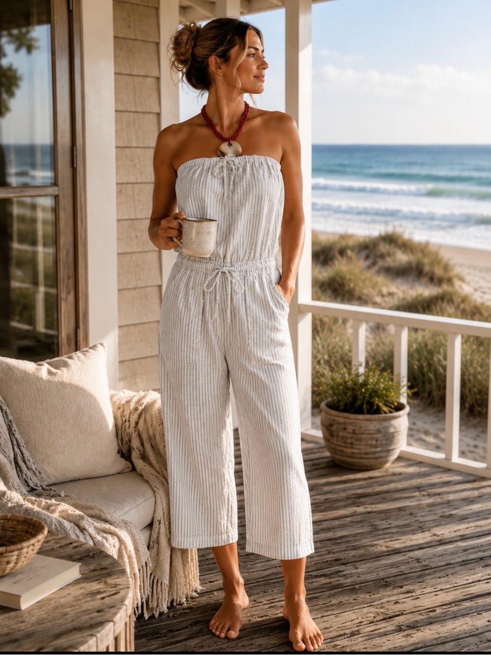 GAP Blue/White Striped Sleeves Jumpsuit Romper with Tie-Waist (small)